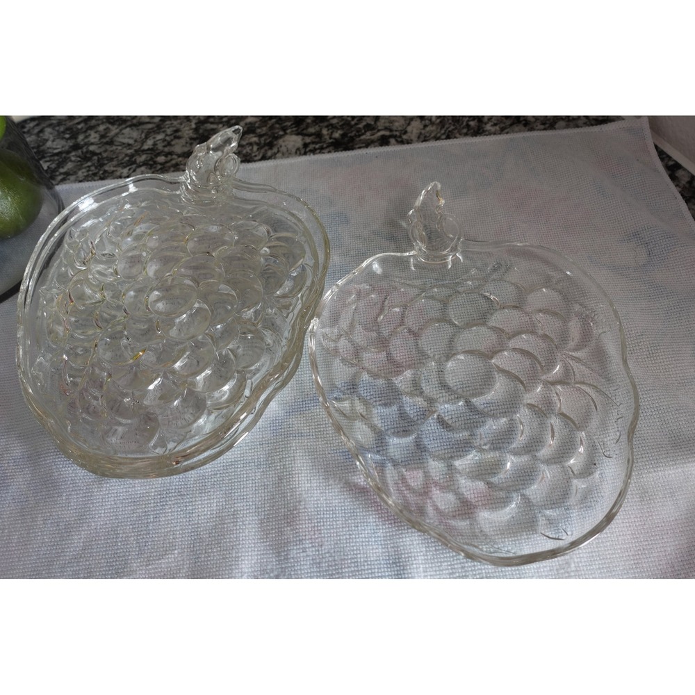 Vintage Clear Glass Grape Cluster Shaped Plates Set of 4 Textured Fruit Dishes